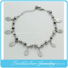 Stainless Steel Jewelry Eight Virgin Mary Medal Charm Religions Bead Womens Ankle Bracelet